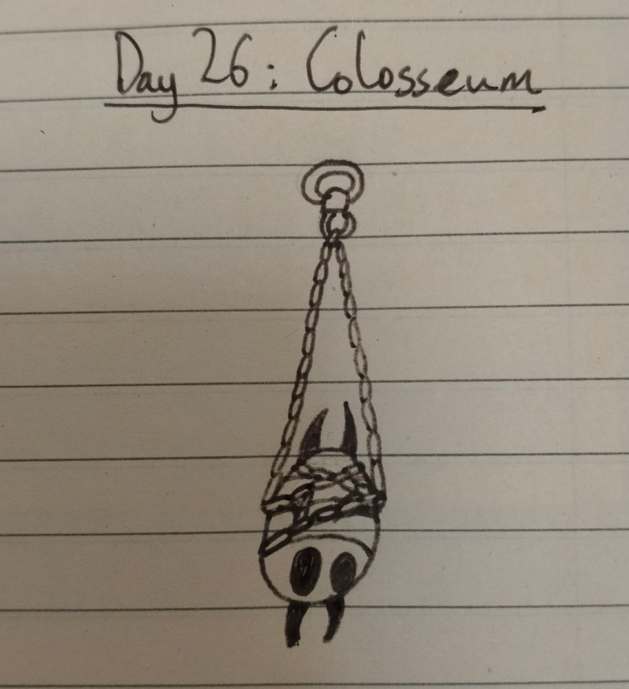 Pen art of the NPC at the front of the Fools Colosseum from Hollow Knight.
