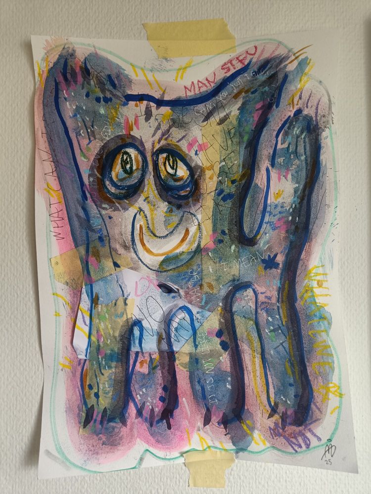 Illustration of a childlike cat with adult language like curse words scribbled over. 