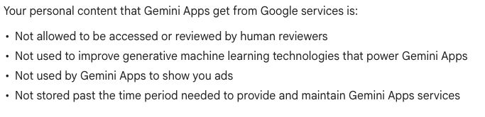 Snippet of Google privacy section explicitly stating that personal data is not used for machine learning.