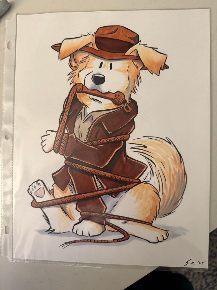 A drawing of Indy the dog, wearing a fedora and brown leather jacket, hopelessly tangled in his own whip 