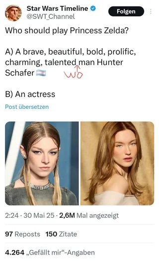 a stupid bigot named "Star Wars Timeline @SWT_Channel" on Xitter is angry that people think Hunter Schafer should play Princess Zelda, because Schafer looks exactly like Zelda but is a trans woman.