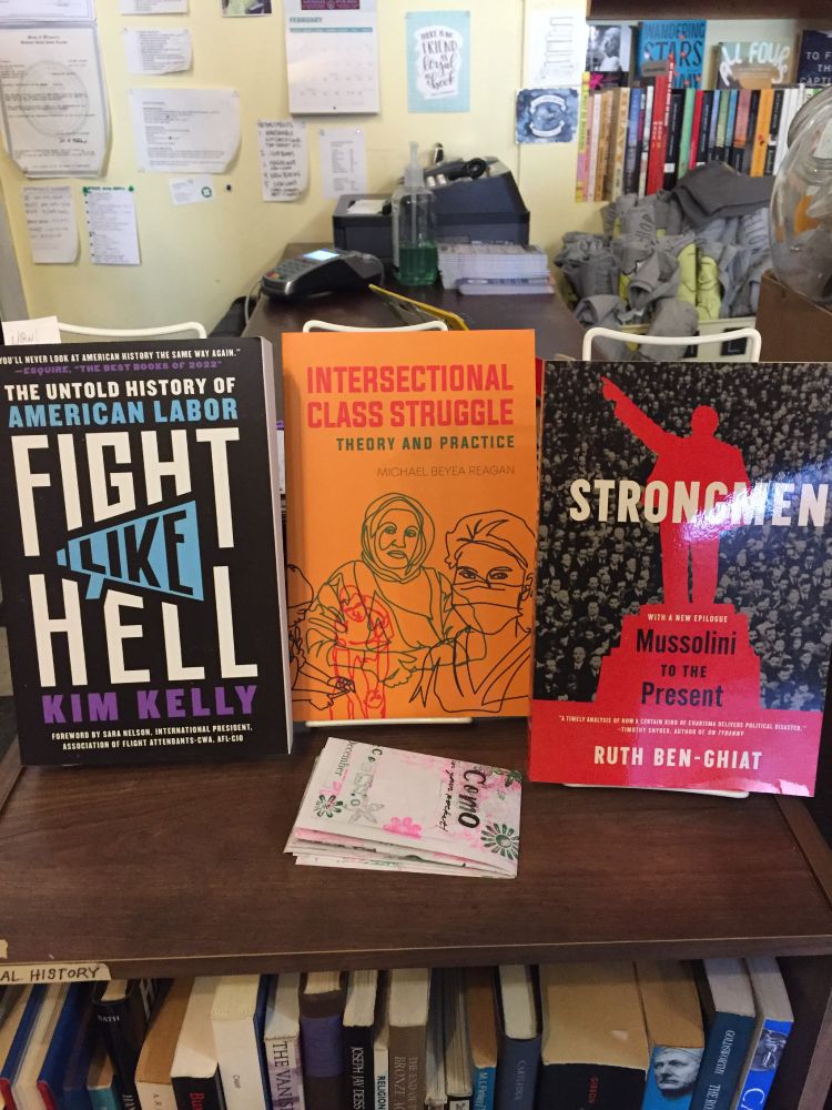 A picture of three books in a bookshop - Fight Like Hell, by Kim Kelly; Intersectional Class Struggle, by Michael Beyea Reagan; and Strongmen, by Ruth Ben-Ghiat