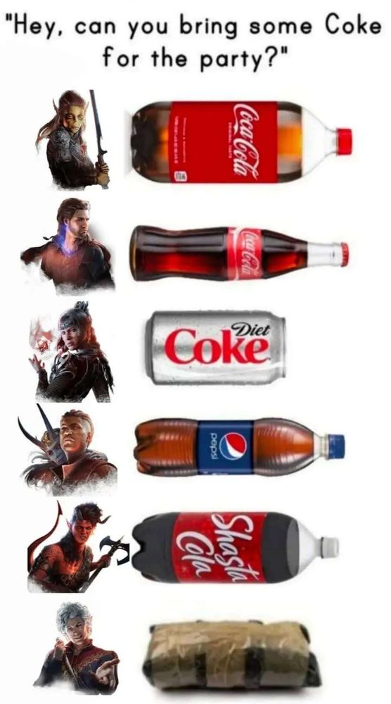 The main bg3 companions being compared to what kind of cola drink they'd bring to a party with various sized bottles and cans. Astarion is bringing a bag of actual cocaine.