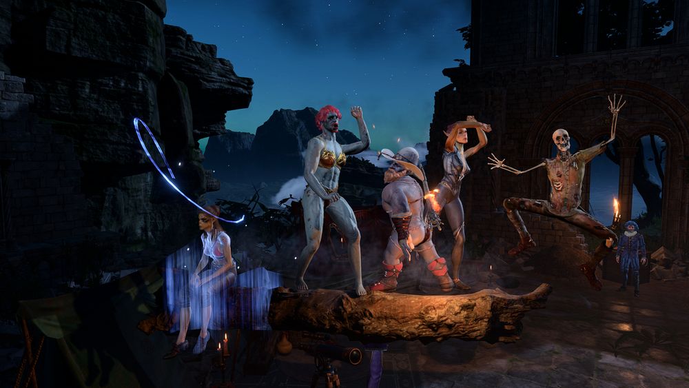 BG3 screencap of the party, all on top of a log in camp. Lae'zel is sat facing away from the rest of the party who are all busting various dance moves.