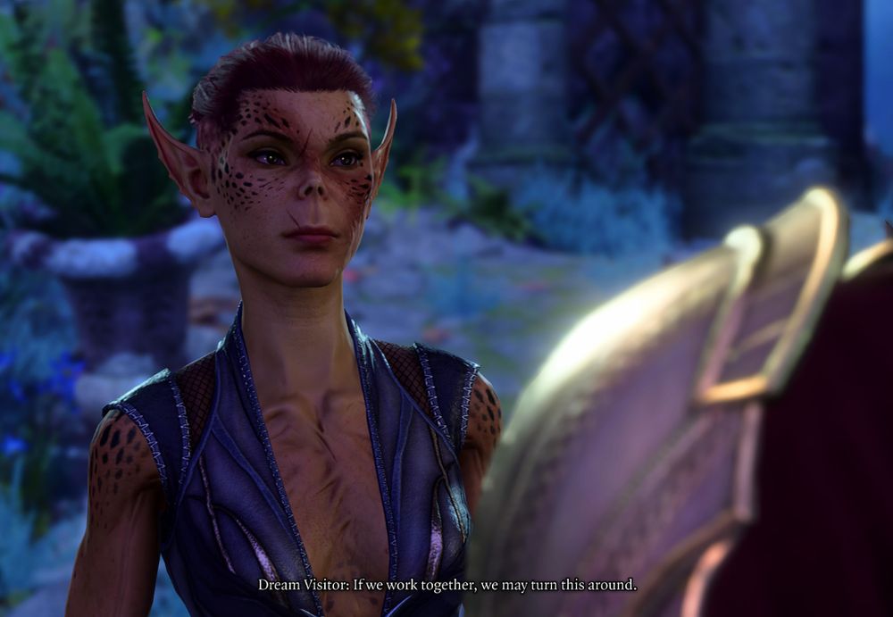 T'rukk- my githyanki tav giving the 'dream visitor' an unimpressed look

text reads- Dream visitor: If we work together, we may tun this around.