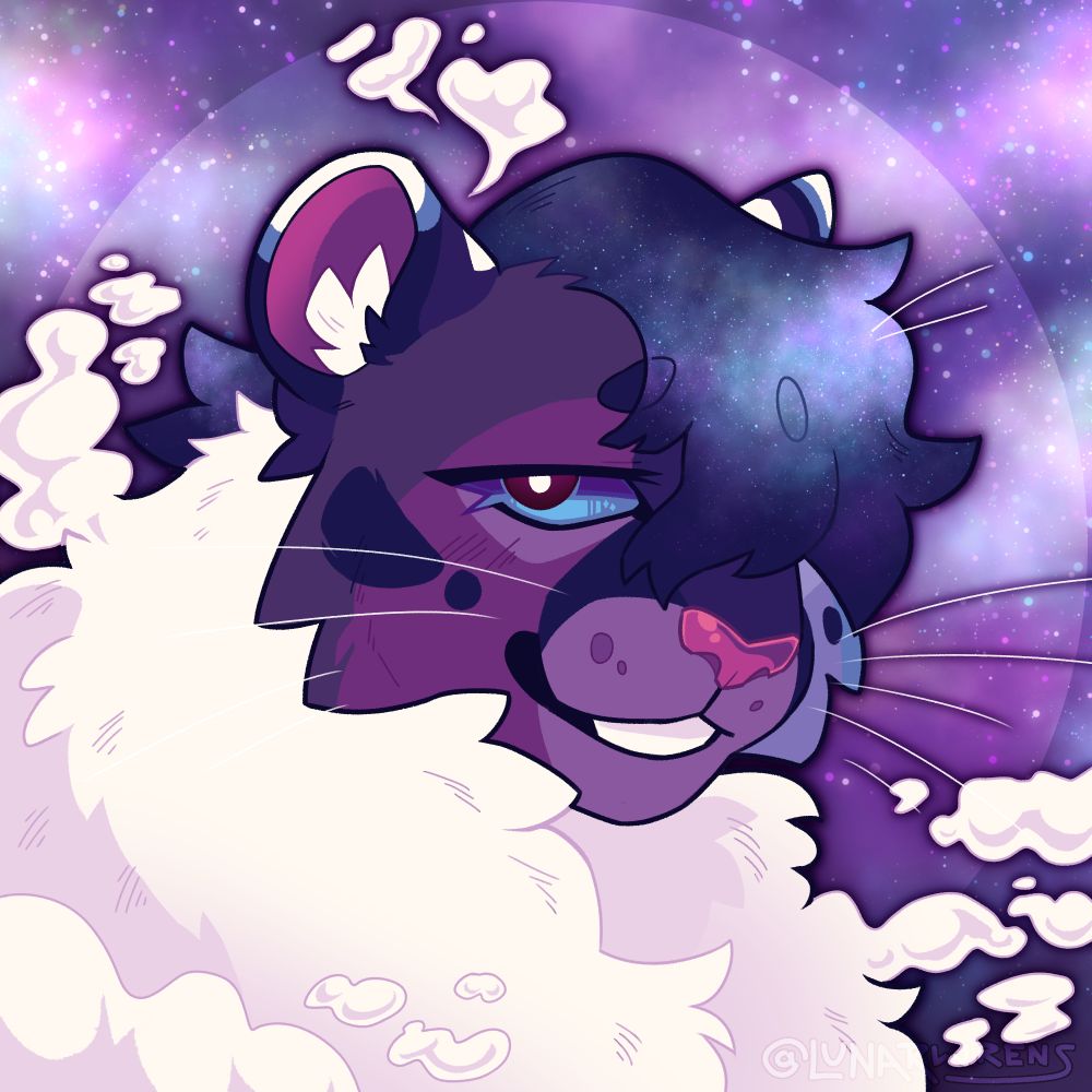 icon of a purple feline character with a white neck mane dissolving into clouds around her, and a dark blue bangs with galaxies reflecting in it