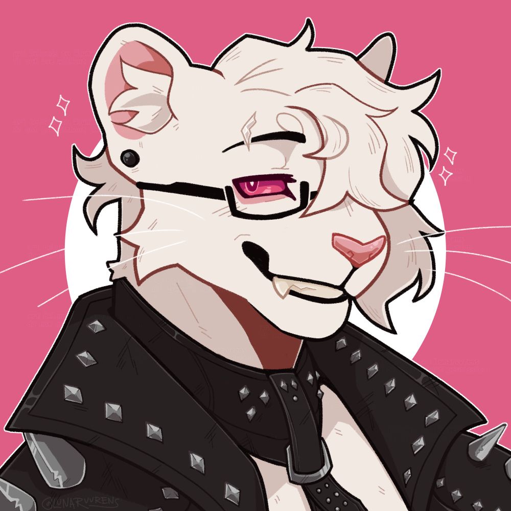a headshot / portrait of a white anthro feline / hrothgar with striking pink eyes, looking at the viewer with a smirk