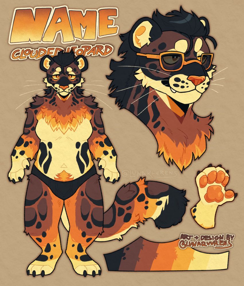 A mini reference of an unnamed clouded leopard character in the colors of a cloudy sunset, from bright yellow and orange to duller, darker blue. The image features a front facing fullbody and a 3/4 headshot wearing sunglasses, and a little paw closeup.