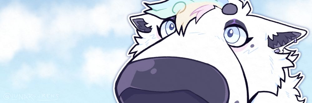 a 3:1 banner YCH with a furry character with their nose up to the viewer
the character is a white wolf with pale rainbow hair and pale blue eyes
the background is a pale blue sky with clouds