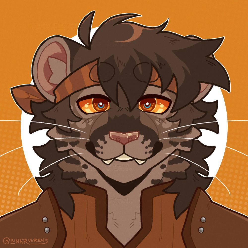 front facing headshot of a brown furred anthro cougar / puma in orange leather armor, with bright orange eyes with a blue glint