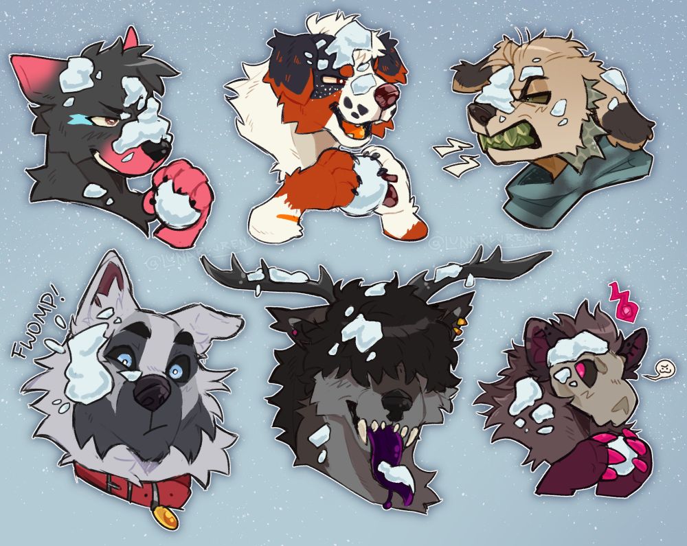 a sheet of 6 headshot sketches of various anthro characters, all with some amount of snow on their faces