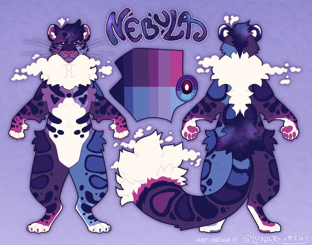 digital referenece sheet of an anthro feline with purple and blue fur, clouded leopard-like patterns and a white neck mane and tail tip which dissolve into clouds around them
the sheet features symmetrical fullbodies, front and back, and a palette