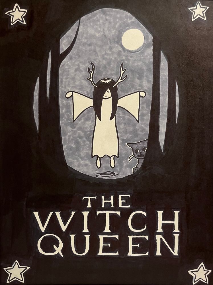 A black and white drawing of my wife as a witch queen (which she is most definitely NOT) hovering in a dark wood with or car Rory gleefully looking on. 