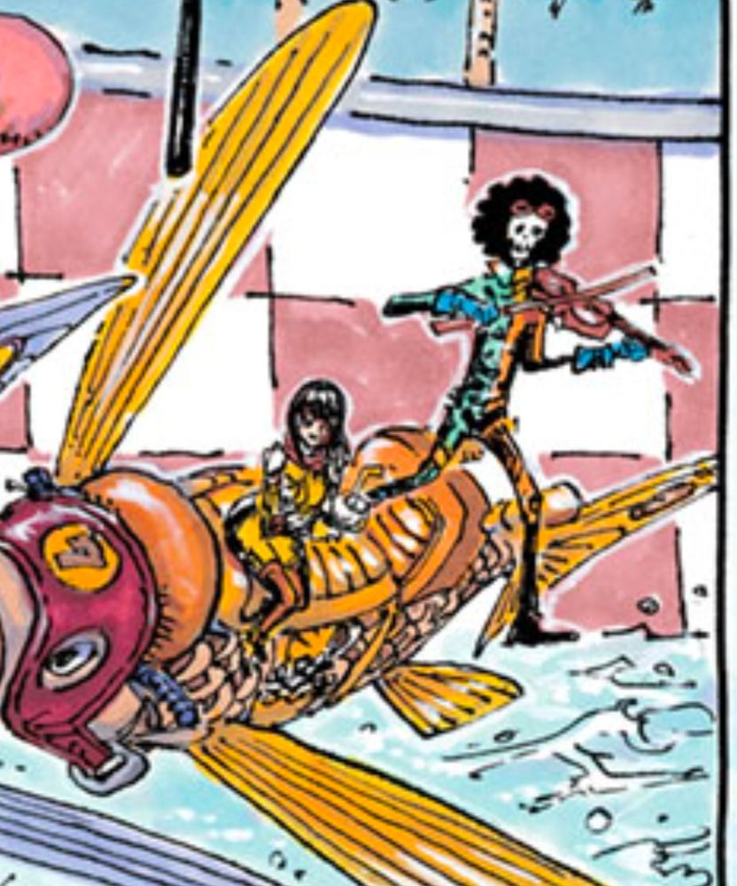 A crop of a 2025 One Piece color spread of the crew racing flying fishes. The crop focused on Brook who is stepping off mid air into the water while playing violin, wearing a very neutral face. I think he wants to die.
