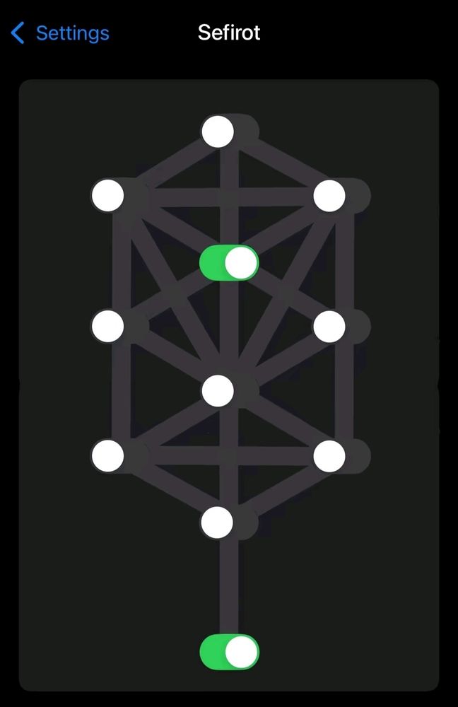 iPhone settings page titled "sefirot" with the tree of life below it, on the nodes of the tree are settings toggles