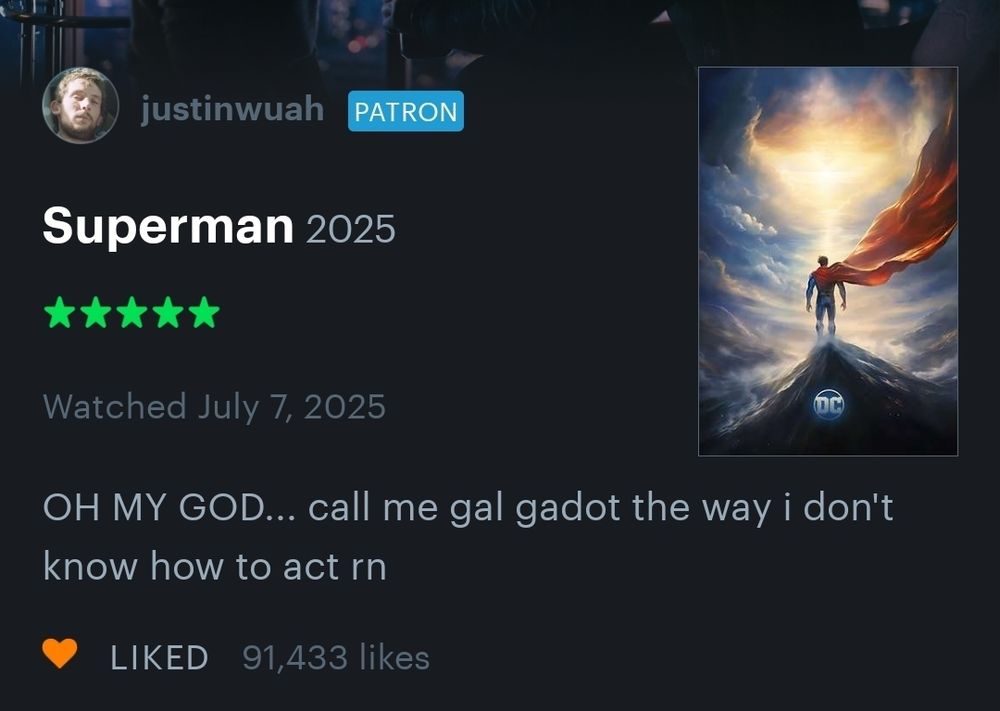 Letterboxd review by @justinwuah of Superman (2025):

"OH MY GOD... call me gal gadot the way i don't know how to act rn"