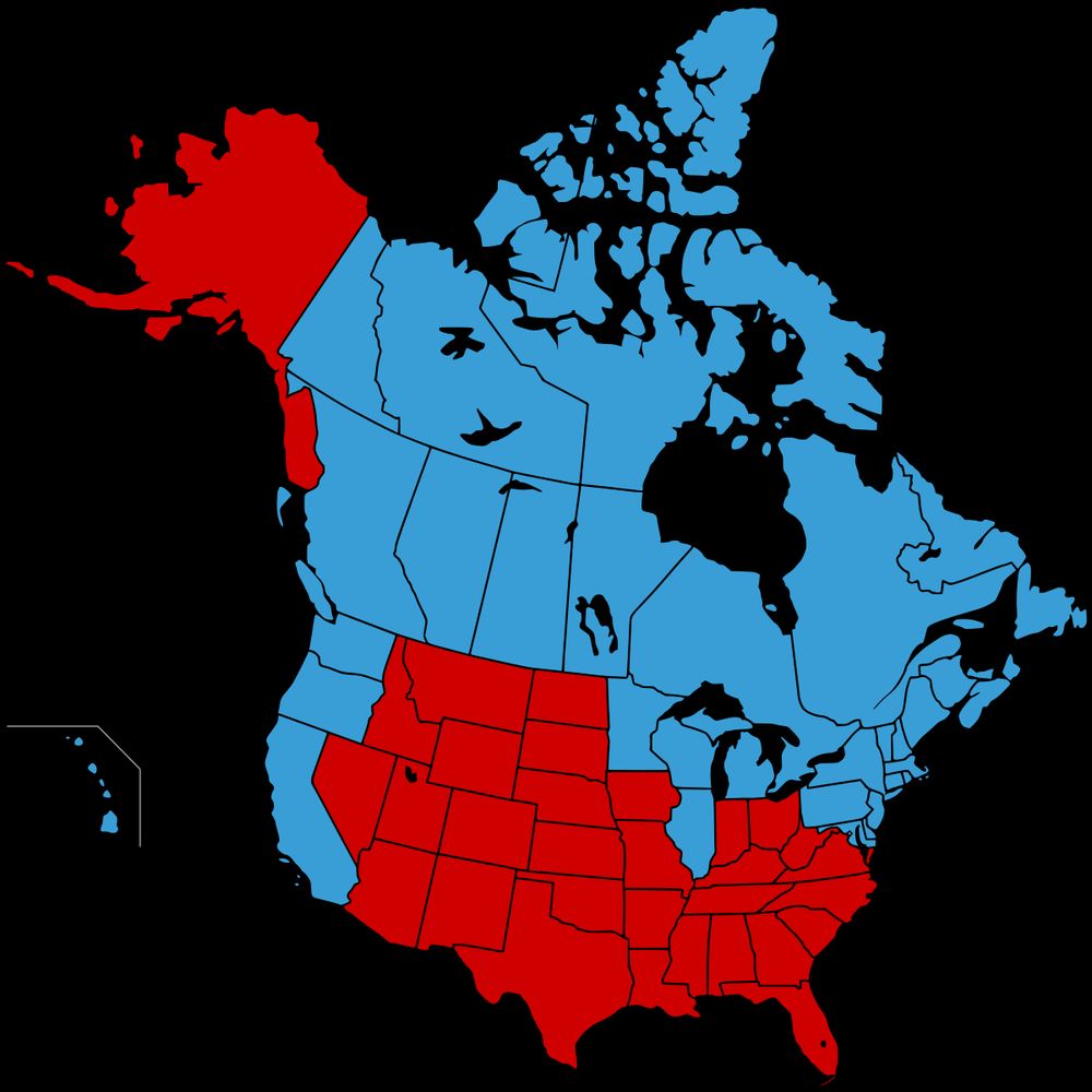 A map of North America showing all of Canada plus the western and north eastern states as a one country.