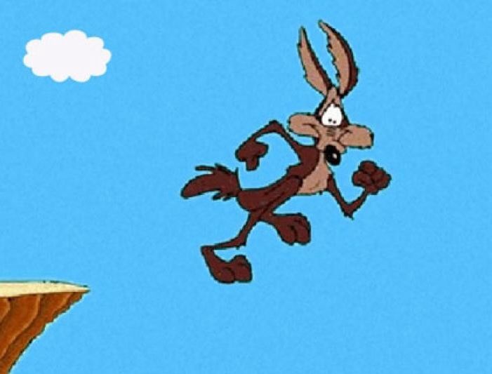 A picture of Wile E. Coyote, a cartoon character, has run off a cliff and is about to notice he's not standing on anything.