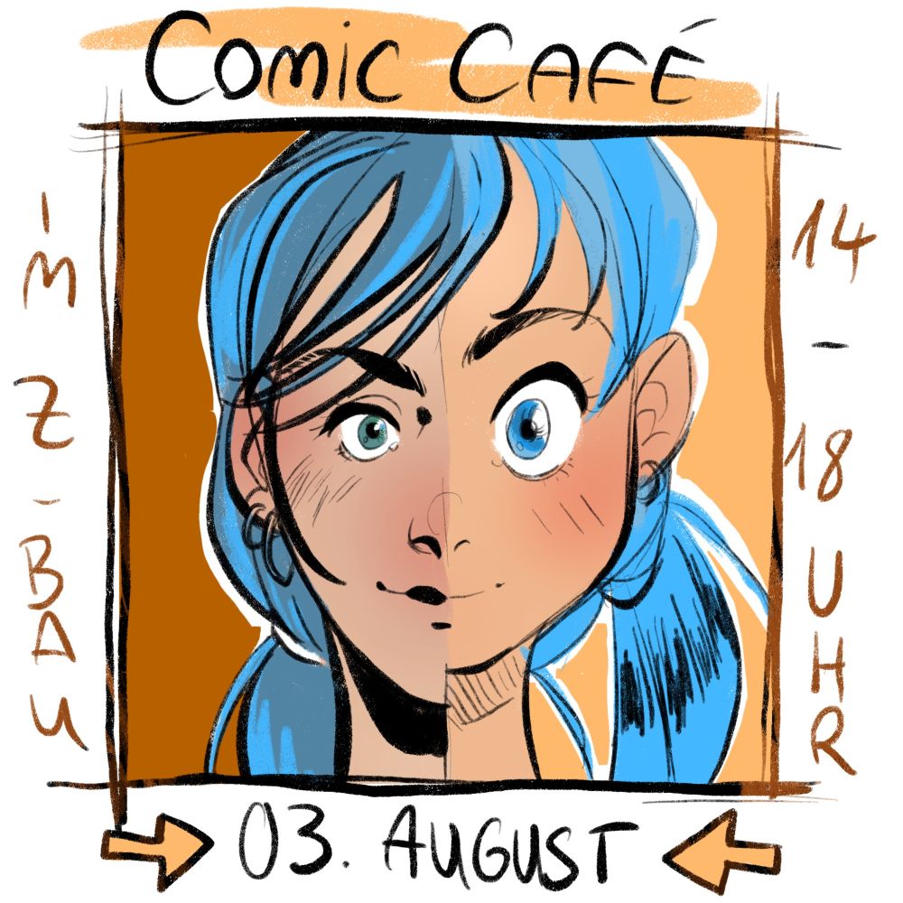 A Comic illustration with the next Café Date written on it.