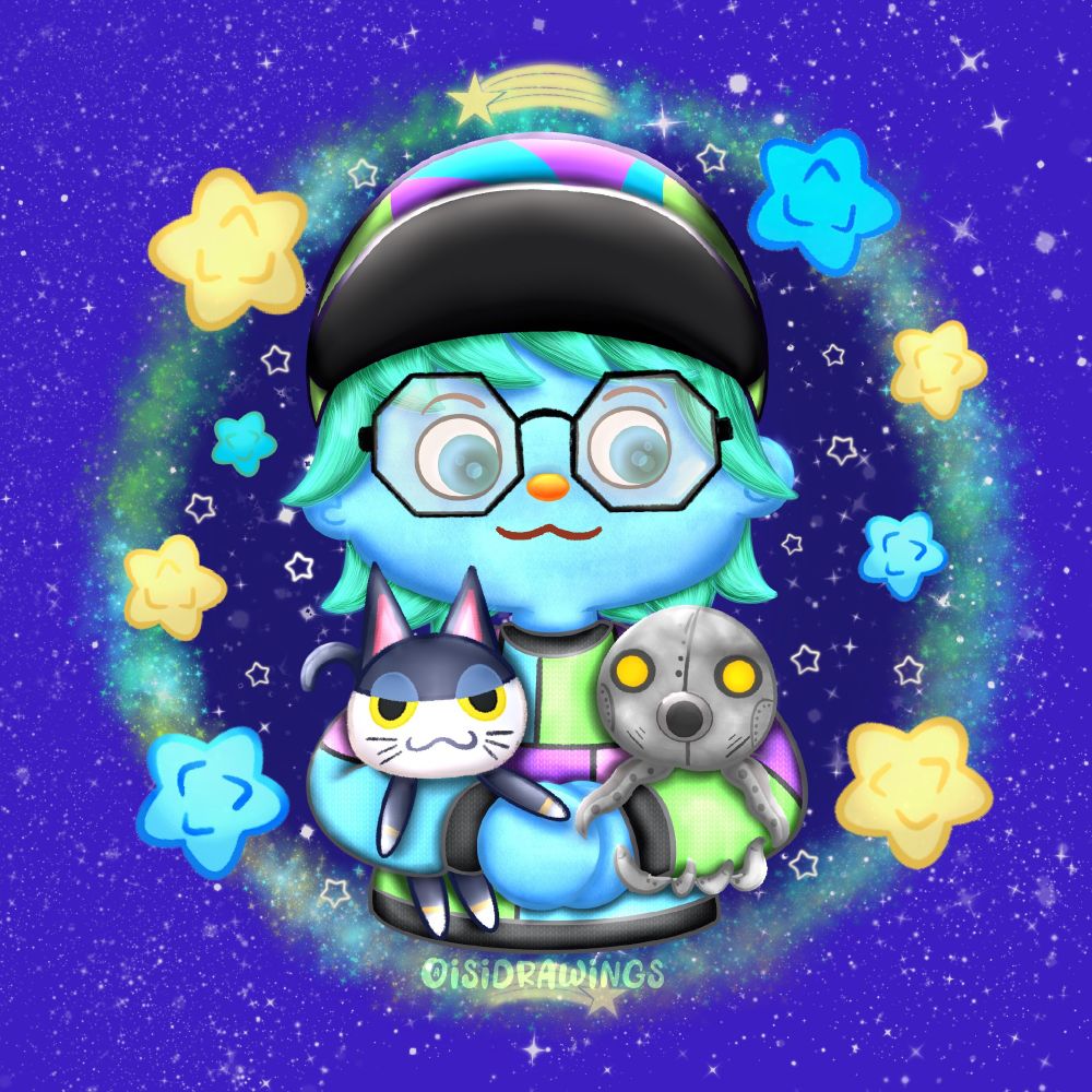 Digital art of my Animal Crossing New Horizons resident rep. They have blue skin, mint green hair, octagonal glasses, colorful neon blocks sweater and matching cycling cap, and are holding plushies of Punchy and Cephalobot. A circle frame of star fragments and shooting stars surrounds them. The background is a dark purplish-blue galaxy.