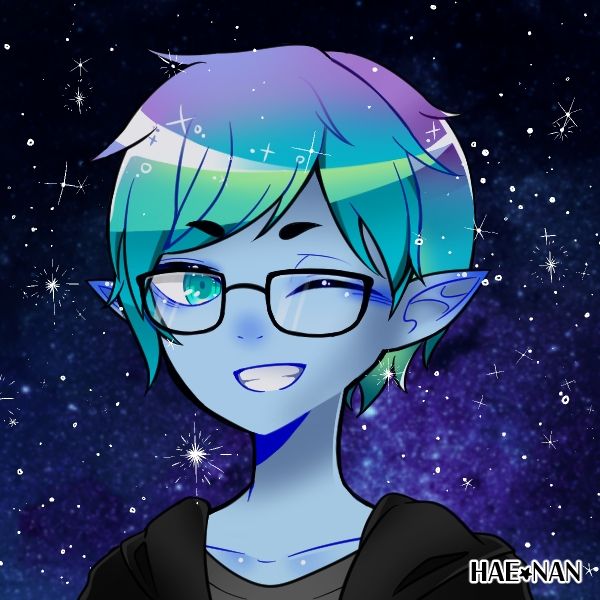 Picrew image maker of a celestial elf. They have blue skin, mint green eyes, short mint green to purple gradient hair, black rimmed glasses, and unzipped black hooded sweatshirt over a gray t-shirt. They are winking and smiling playfully. The background is galaxy shades of blue and black with white speckled stars. Artist credit watermark reads, HAE★NAN.