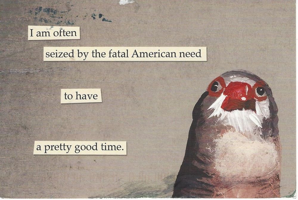 A painting of a bird, captioned with "I am often seized by the fatal American need to have a pretty good time" 