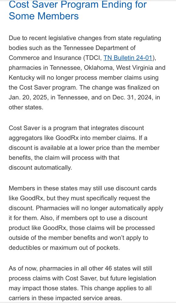 End of pharmacy Cost Saver program for Blue Cross Blue Shield members in Tennessee, Oklahoma, West Virginia and Kentucky. 