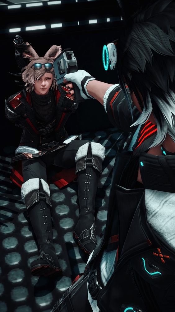 Ren and Akira, two male vieras, in the middle of a conflict. Akira is bound on the ground with a stunned expression as Ren points a gun at his head. It's not the Ren that he knows. 