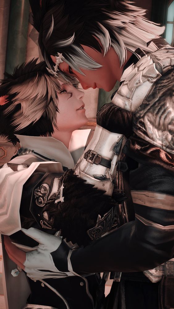 Ren and Leo, a male viera and a male miqo'te, in an intimate hold within a ballroom. They gaze at each other lovingly while pressing their foreheads together with gentle smiles.