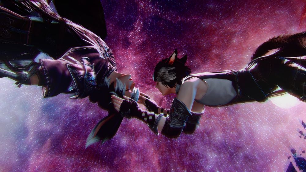 Ren (a male viera) and Leo (a male miqo'te) floating in space together. Ren is upside down and leaning back towards Leo with his eyes closed. Leo is reaching out towards Ren's face with both hands. 