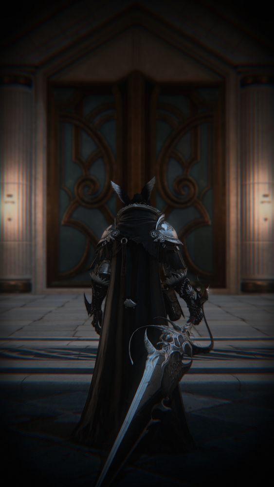 Ren stands before the doors of The Rostra in Old Sharlayan. His exhaustion is apparent, shown by his slouched shoulders and drooped head as he holds his greatsword behind him. He's now in a full set of armor, as it helps him feel more protected despite the fleeting comfort and safety that it actually brings. The atmosphere is dark, briefly illuminated by the two lamps besides the doors. 