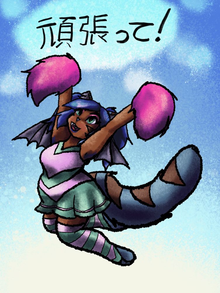my oc blue in a cheerleader outfit with pompoms amd text that reads "ganbatte!" or "do your best!!"