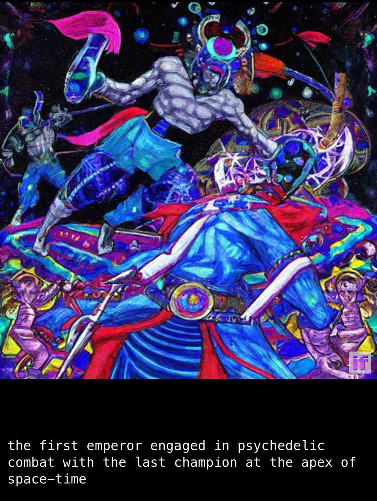 illustration of two cosmic warlords entangled in divine combat with the caption: “the first emperor engaged in psychedelic combat with the last champion at the apex of space-time”