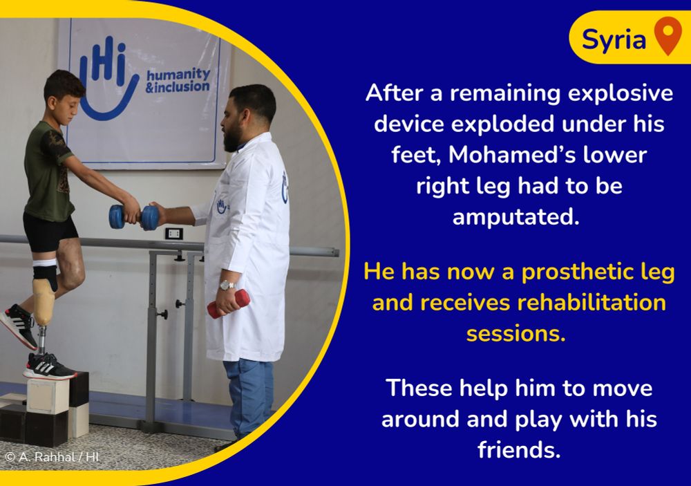 © A. Rahhal / HI: Mohamed, in the province of Idleb. In 2020, while he was playing in his garden, a remaining explosive device exploded under his feet. His lower right leg had to be amputated. He is undergoing rehabilitation at the Aqrabat hospital, an HI partner in Syria.