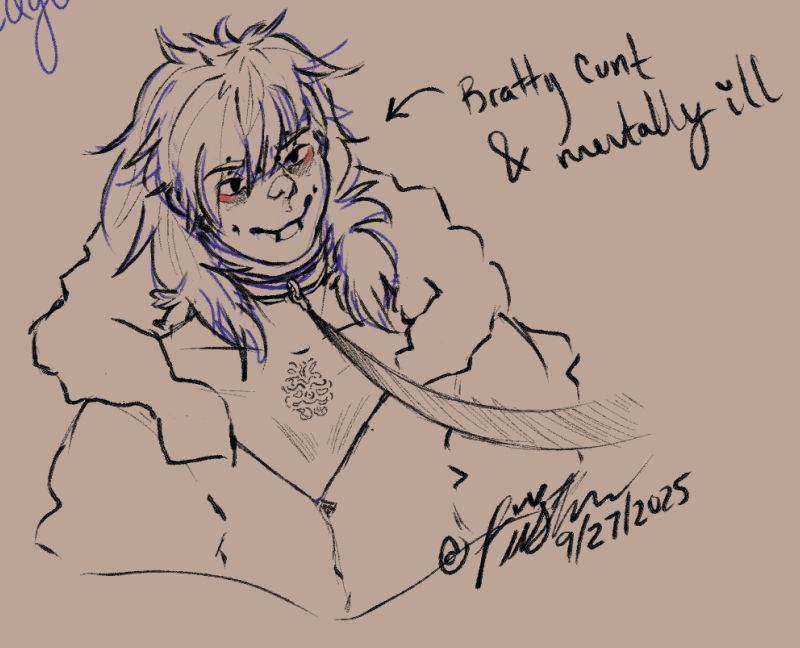 Drawn self portrait, their jacket is zipped partially up showing the SOTC sternum tattoo.