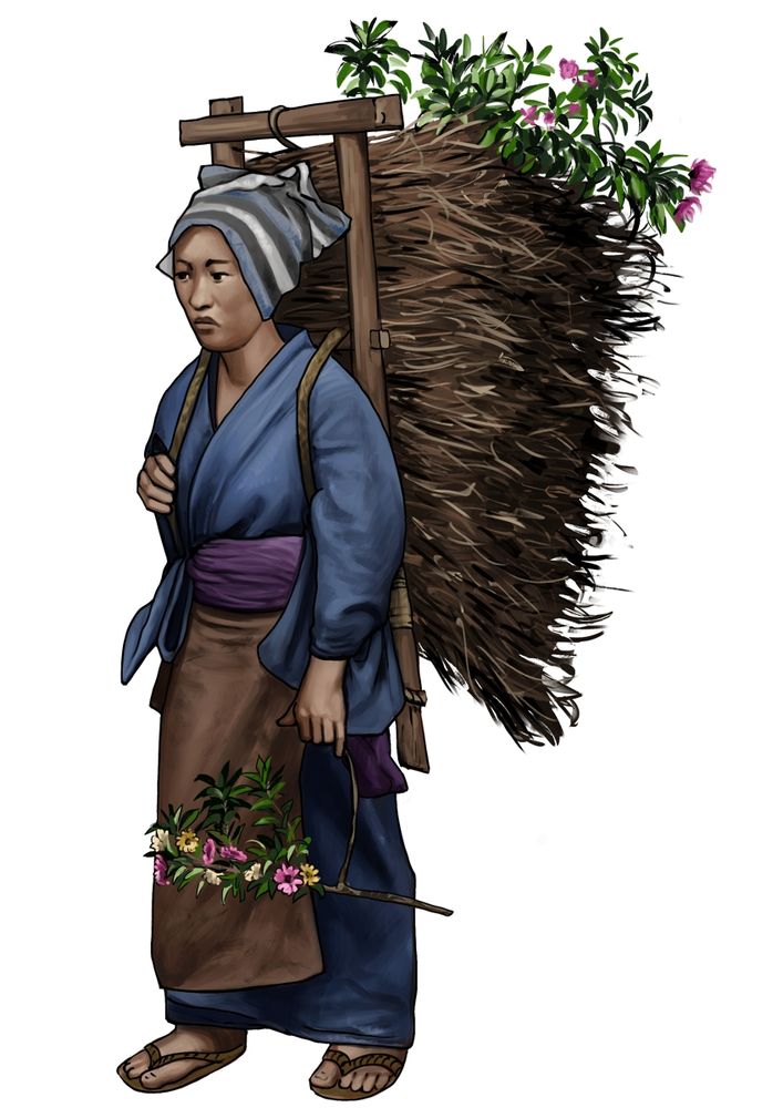 Drawing of a Japanese female farmer wearing kimono, apron and headscarf. On her back she carries a big wooden frame with straps like a backpack, it's loaded with straw.