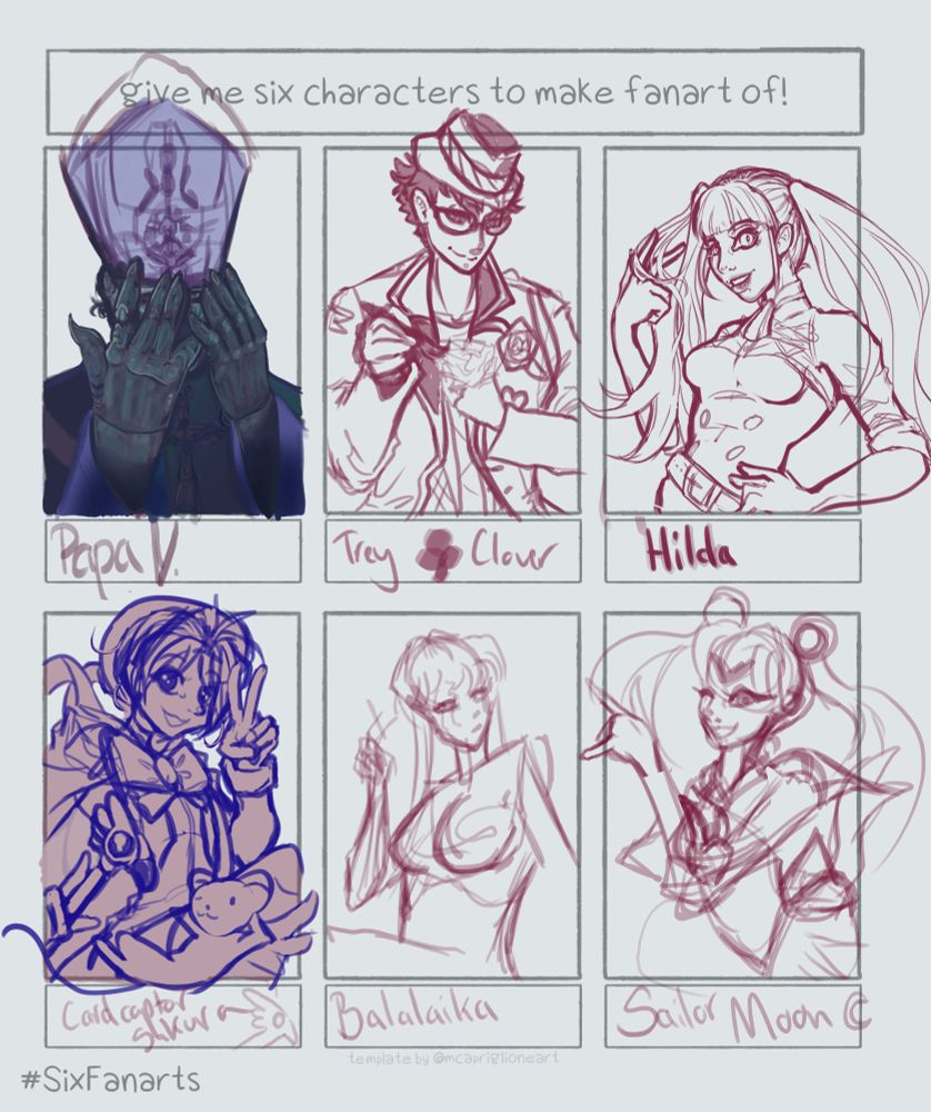 Fanart meme work in progress! From top to bottom, left to right: Papa V Perpetua from Ghost, Trey Clover from Twister Wonderland, Hilda from Fire Emblem Three Houses, Cardcaptor Sakura, Balalaika from Black Lagoon, and Sailor Moon.