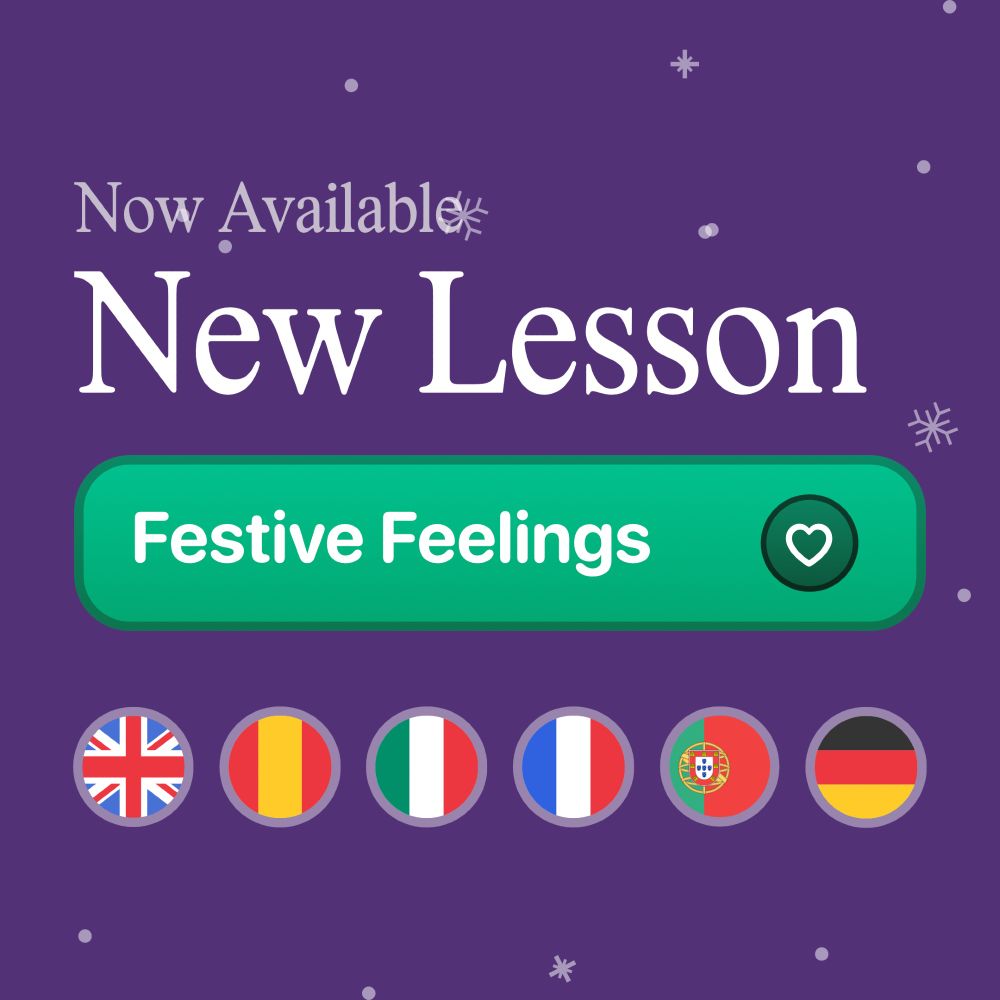 Promo image showing:

Now Available
New Lesson
Festive Feelings

With some country flags underneath