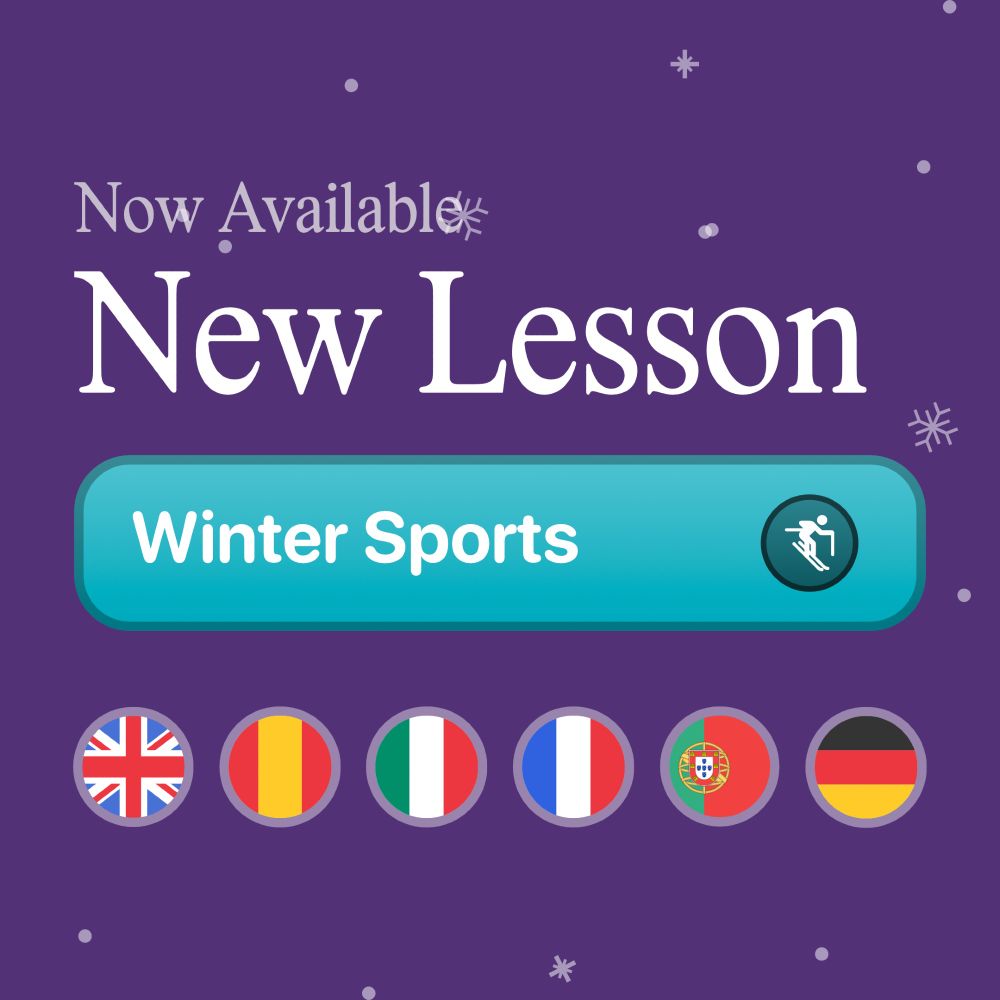 Promo image showing:

Now Available
New Lesson
Winter Sports

With some country flags underneath