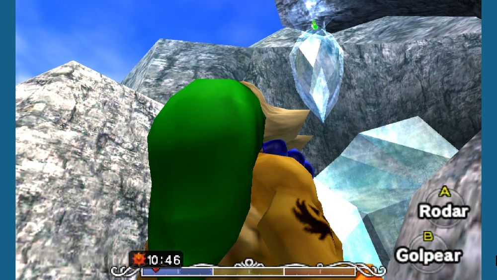 Ahora link, en forma de Goron, se ha acercado a la entrada de las montañas y mirando arriba, a la estalactita de hielo.