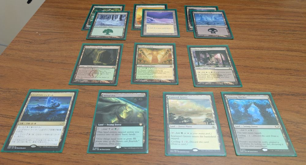 Two Forest, Swamps and Plains, one regular and one snow covered, plus Overgrown Tomb, Temple Garden, Godless Shrine, the B/G/W Triome whose name I never remember because my copy is in a foreign language plus Vernal Fen, Festering Thicket and Scattered Groves.