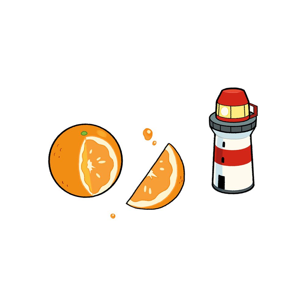 An orange with a single slice taken out alongside the single slice and a thermos in the shape of a lighthouse.
