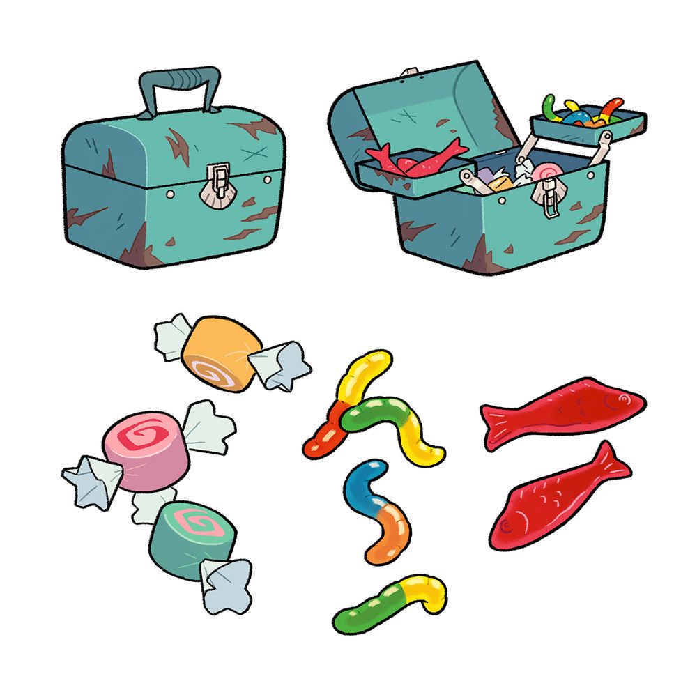 An old, beat-up tackle box filled with saltwater taffy, gummy worms, and Swedish Fish, with a closeup view of the candies.