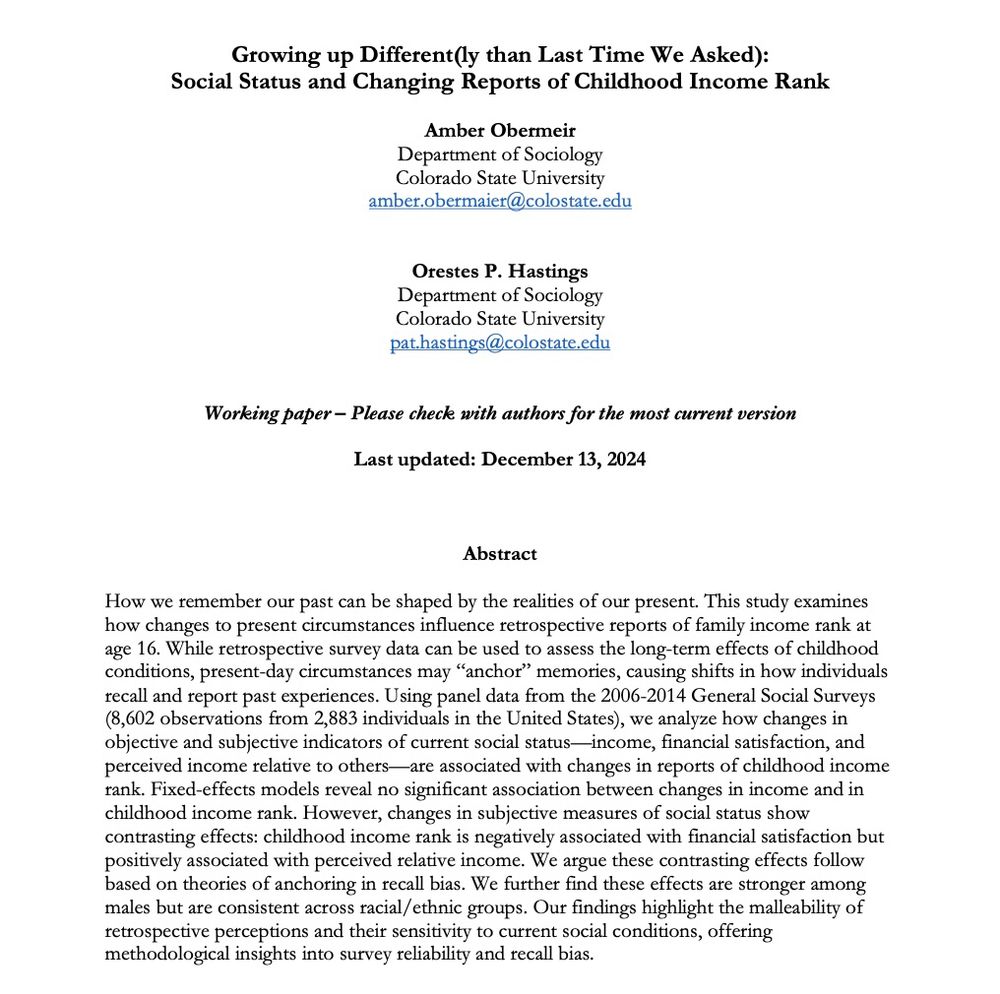 First page of "Growing up Different(ly than Last Time We Asked): Social Status and Changing Reports of Childhood Income Rank"