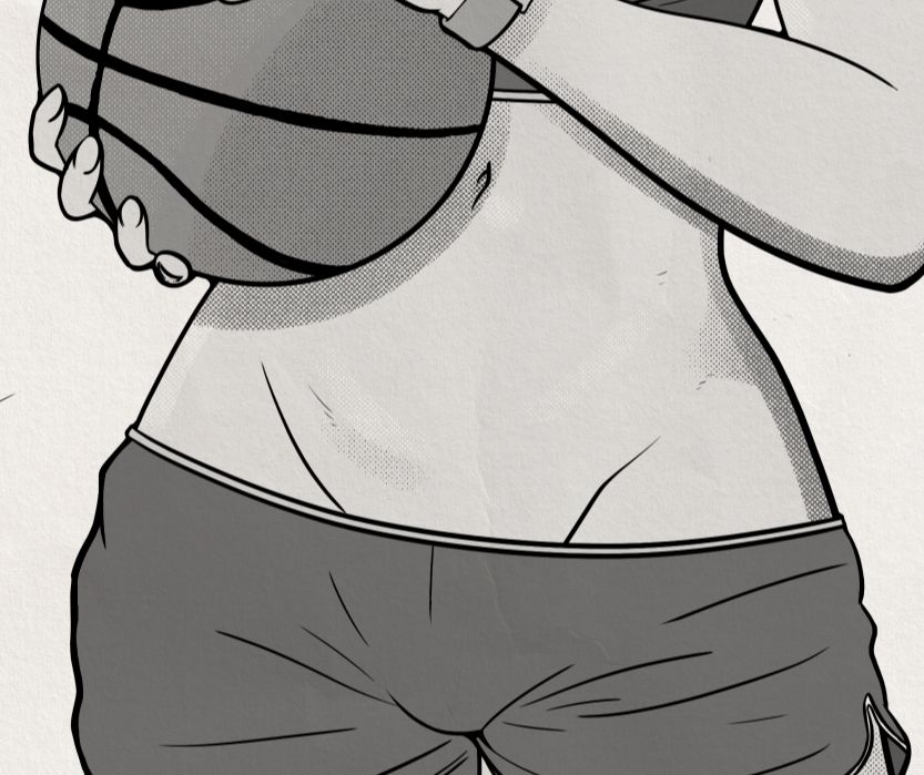 Greyscale artwork of Rebecca Chambers midriff. She's in her Basketball costume from Resident Evil 2/0 HD. She's holding a basketball. 