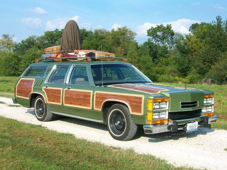 Aunt Emma riding shotgun on the roof of the family Truckster on vacation with the Griswold family. Emma is sporting the latest tarp for practical travel.