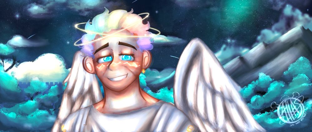 Aziraphale, Angel of the eastern gate, smiling, based on the Eden scene of Good Omens season 1 episode 1.