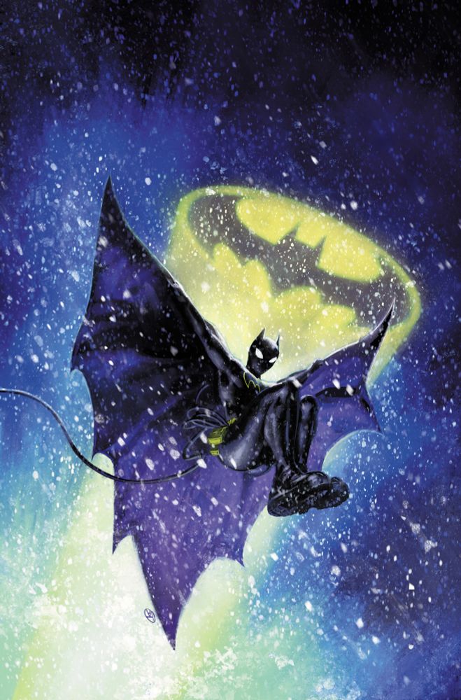 Cover art for Batgirl #12.  Cassandra Cain, gliding through heavy snow fall.  Bat Signal in the sky behind her.