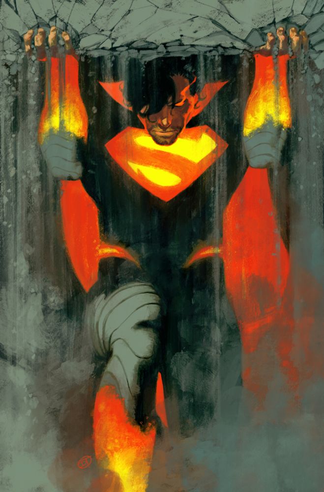 Variant cover for Absolute Superman #13.  Superman looking statuesque as he lifts heavy looking concrete.  Deep cracks form around where he grips the stone.  His eyes glow red with determination.