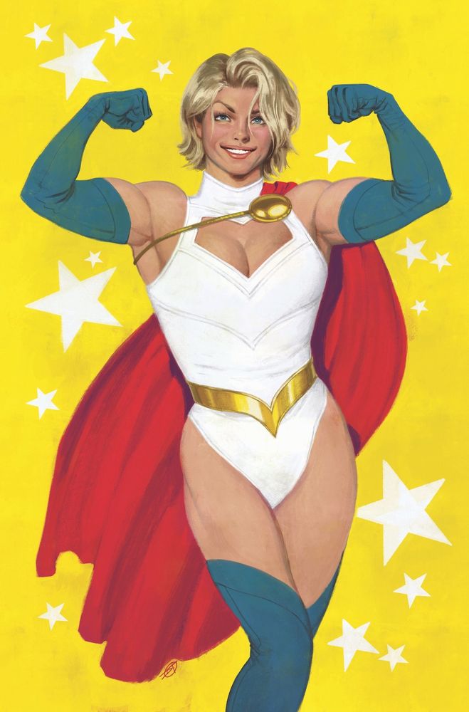 Variant cover for Powergirl #19.  Powergirl flexing her arms on a yellow background with white stars.